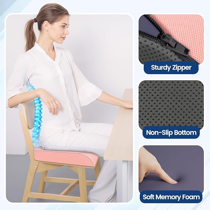 SweetSlubr Seat Cushion for Tailbone Pain Relief, Office Chair Cushion, Memory Foam Large Chair Pad with Non-Slip Cover for Soft Support at Office Chair, Car Seat, Airplane Pink/X-Large