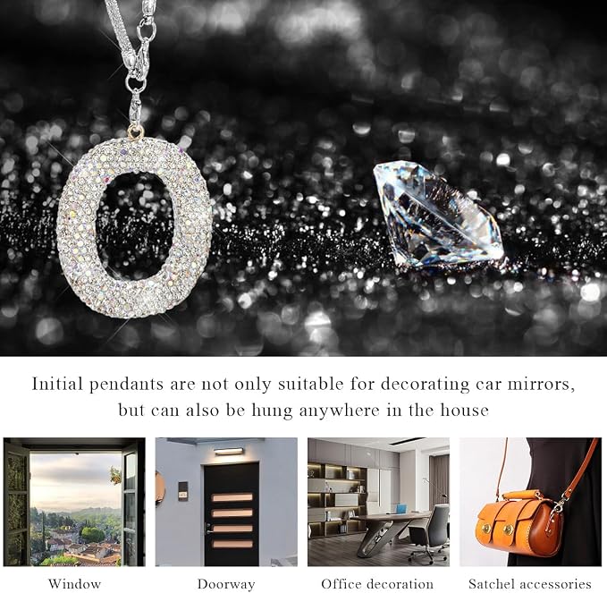DXNQ Bling Initial Car Rear View Mirror Ornament, Crystal Sparkling Cute Letter Charm Pendant Auto Decor, Hanging Lucky Diamond Initial Charm Car Mirror Bag Ornament for Girl Women (Letter O)
