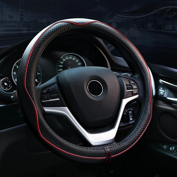 Valleycomfy Steering Wheel Covers Universal 15.75 inch - Genuine Leather, Breathable, Anti Slip & Odor Free (Black with Red Lines, L(15" 1/2-16"))