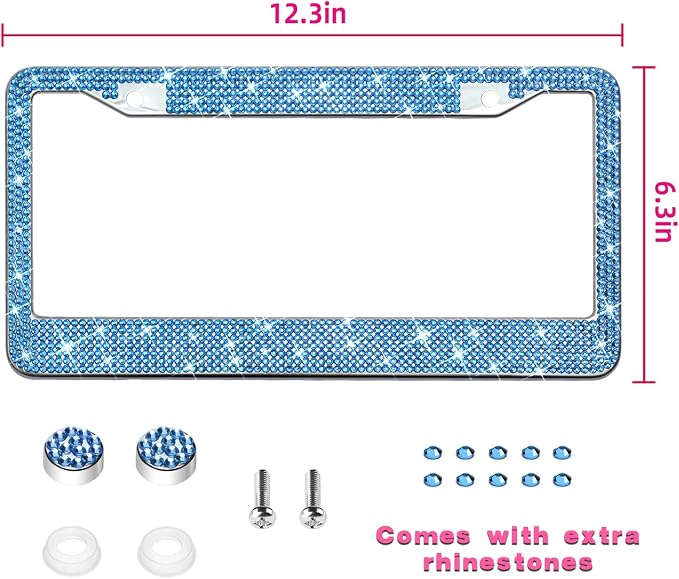 Bling License Plate Frame for Women, Sparkly Stainless Steel License Plate Frames| Over 1200 pcs 14 Facets Bedazzled Clear Glass Diamond Rhinestone Crystals 1PCS (Light Blue)