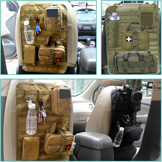 2 PCS Car Seat Back Organizer, Tactical MOLLE Sag Proof Vehicle Panel Backseat Cover Protector, Universal Molle Nylon Storage Bag Seat Back Hanger Pad for Car Truck SUV Pickup (Army Green)