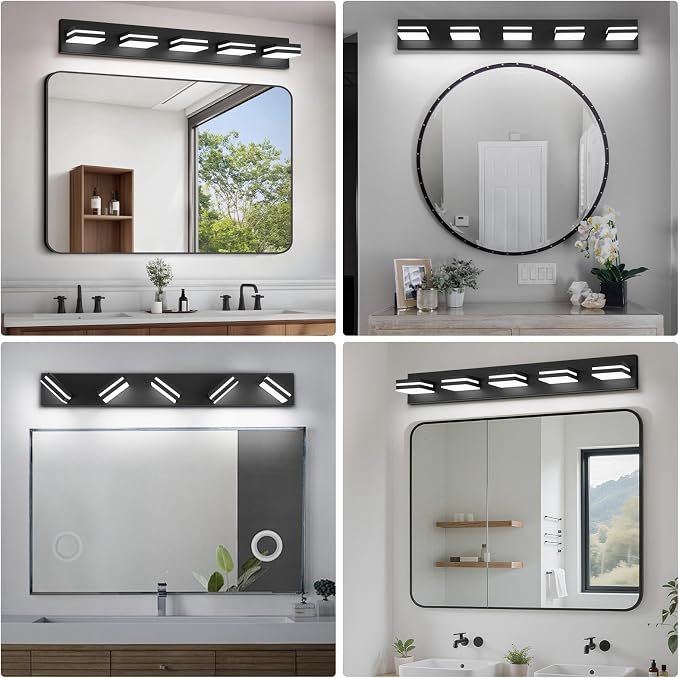 Modern LED Bathroom Lights Fixtures(5-Light),Metal Black Acrylic Wall Lighting,Vanity Lights for Bathroom Over Mirror(6000k 34in)
