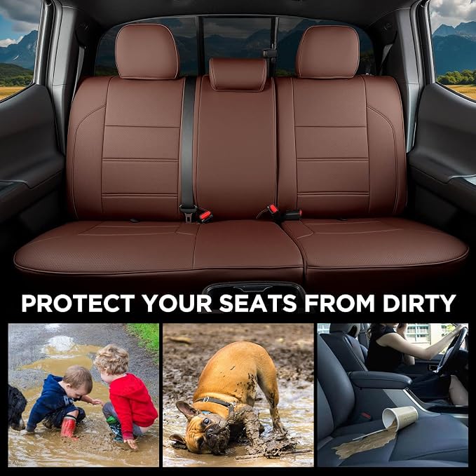 DrCarNow for Toyota Tacoma Seat Covers 2016-2023, Fit for Tacoma 3rd Gen Leather Pickup Seat Cover Crew Cab/Double Cab 2016 2017 2018 2019 2020 2021 2022 2023 Waterproof Full Set Accessories Brown