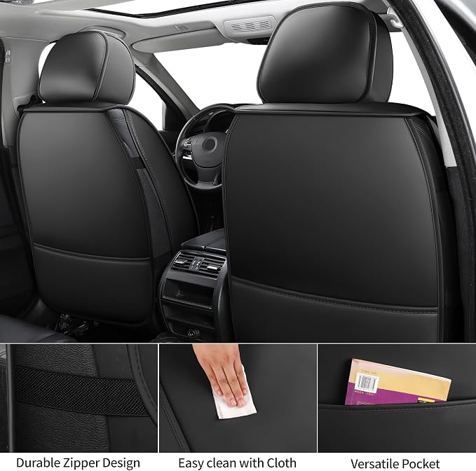 Black and Red Nappa Leather Contoured Automotive Car Seat Covers Full Set | Univerasal Precision Fit,Lumbar Support,3D Contoured,Semi Coverage,Waterproof,ThickTexture,for most Suvs Trucks Sedans