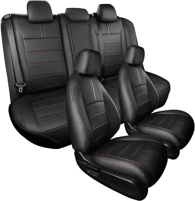 Seat Covers for Honda Civic Hatchback LX, EX, EXL, Sport, Touring, 2016-2021, Faux Leather Car Seats Cover Full Set Seatback Waterproof, Black Red line (60/40 Split Seatback)