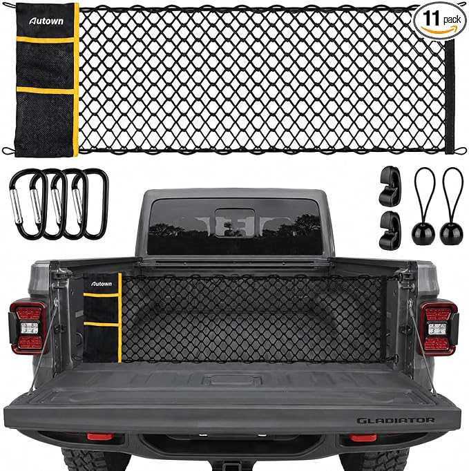 AUTOWN Truck Bed Cargo Net, Envelope Style Bed Netting for Jeep Gladiator 2020-2025 2026, Pickup Truck Bed Organizer with Upgraded 5mm Bungee & Integrated Storage Bag & Bungee Balls & Carabiners