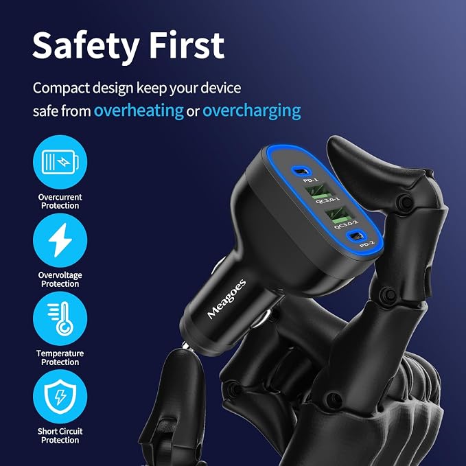 90W 4 Ports USB C Super Fast Car Charger for iPhone 17/Android Car Adapter | Dual 45W USBC& 22.5W USB Port, Roadtrip Essentials, Multi Port Car Charger, 12V Cigarette Lighter Adapter, Car Accessories