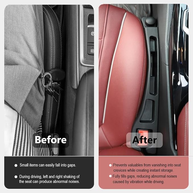 Carseat Gap Filler Organizer 2 Pack, 6 in 1 Car Side Seat Gap Plug Strip with Storage Slot, Window Breaker and Hook, Automotive Seat Catcher or Spacer Interior Accessories Between Seats & Console