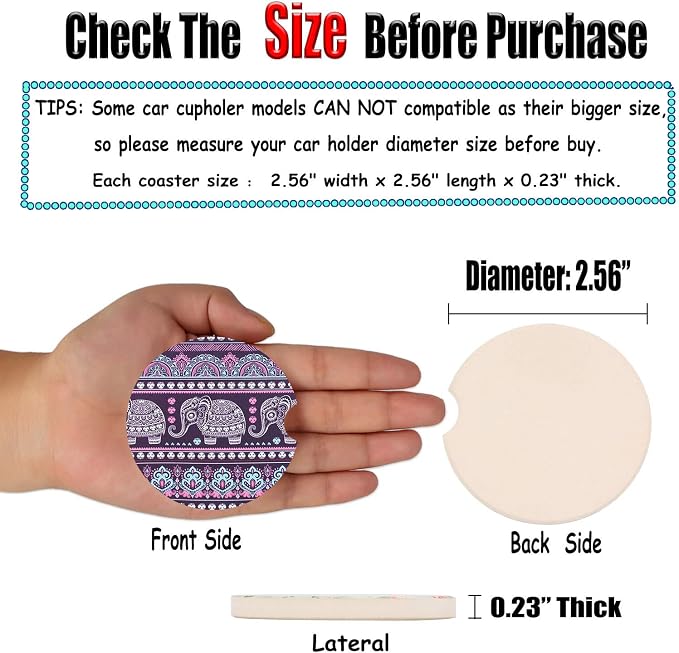 Small 2.56" Absorbent Car Coasters 2 Pack, Auto Cup Holder Accessories, Ceramic Coasters Absorb Spills to Keep Cupholders Clean (Purple Elephant)