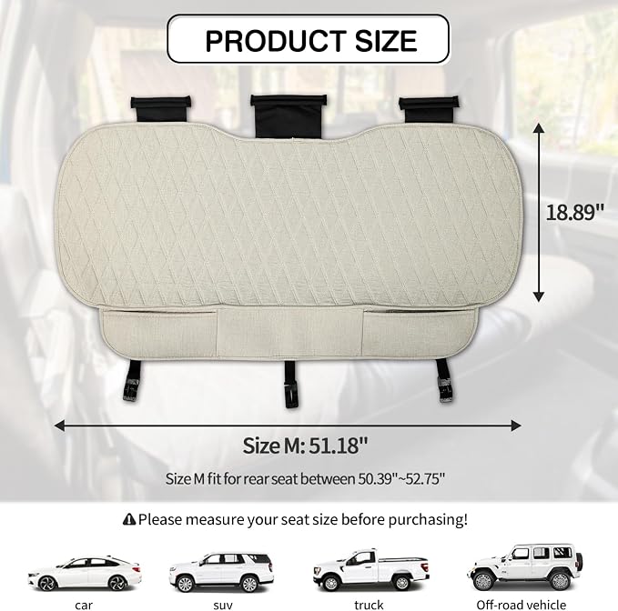 Leader Accessories Faux Linen Rear Bench Seat Cover, Size M, Beige | Breathable Back Seat Protector With Non-Slip Bottom, Diamond Stitched Bench Seat Cushion for Vehicles Cars Van SUV Truck
