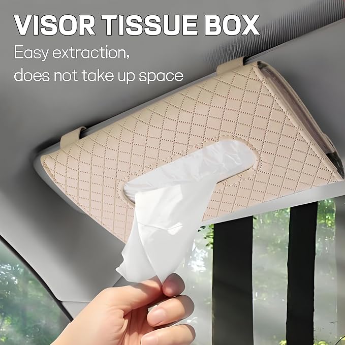 Car Tissue Holder, Leather Tissue Holder for Car Sun Visor, Rectangular Auto Sun Visor Napkin Holder Mask Dispenser, Universal Vehicle Tissue Box Sun Visor Accessory (Plaid-Beige)
