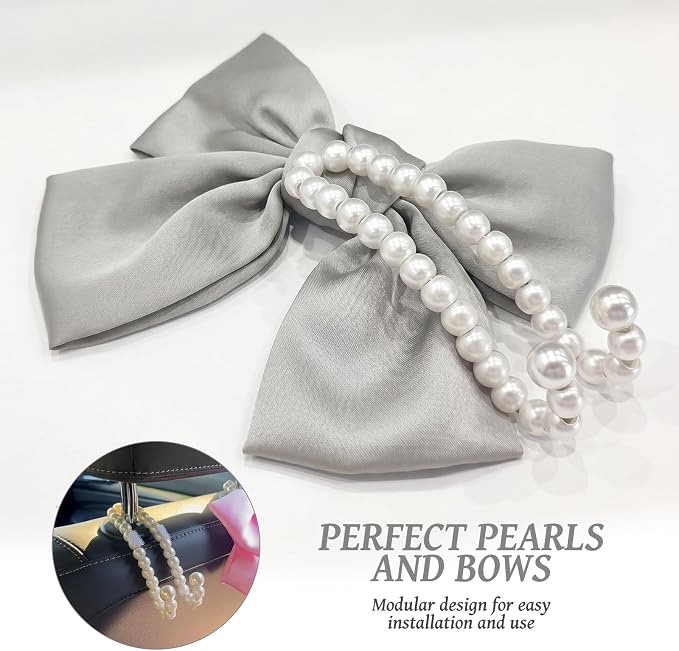2 PCS Bow Pearl Car Seat Headrest Hook β Cute Purse Hook for Car, Girly Interior Decoration Accessories Hook Hanger, Seatback Holder for Purses & Bags, Elegant Car Organizer (Moonlight Grey)