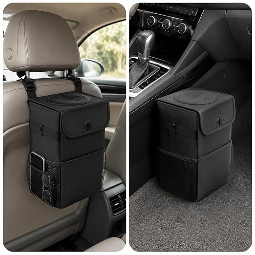 Car Trash Can with Lid - 1.7 Gallon Waterproof Leak-Proof Car Garbage Bin, Oxford Fabric Collapsible Organizer with Storage Pockets, Adjustable Strap for Headrest for SUV Truck Sedan, Black