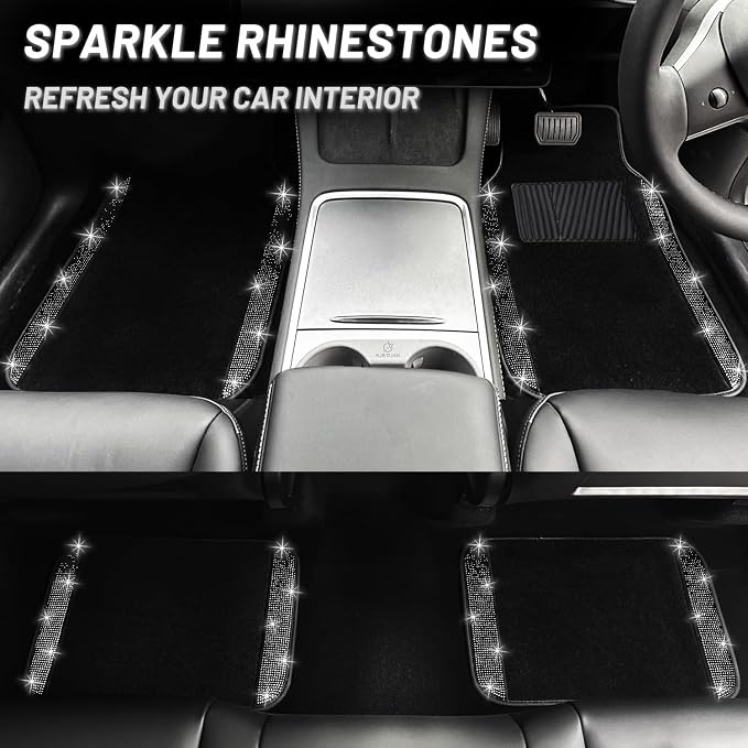 NBTEPEM Bling Car Floor Mats Full Set and Steering Wheel Cover, Universal Fit Most Cars, 4 pcs Sparkle Glitter Diamond Carpet, 5 pcs Bling Car Accessories Set for Women (Black Diamond)