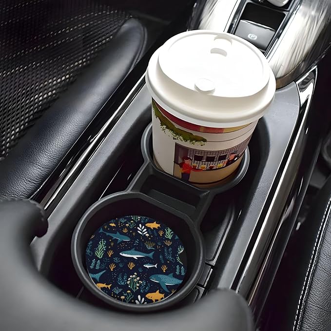 Whale Shark Underwater Sea Life Absorbent Ceramic Car Coasters 2 Pack Round Insert Cupholder Coaster Car Cup Holder Mat with Finger Notch Anti-Slip Cork Base Reusable Drink Coasters 2.56 in