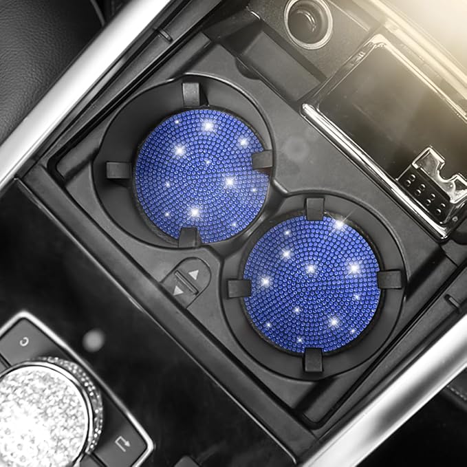 Osilly Bling Car Cup Holder Coaster, 2 Pack Crystal Rhinestone Anti-Slip Insert Coasters, Universal 2.75 Inch Fashion Automotive Cup Mat, Car Interior Accessories Decor Gifts for Women (Dark Blue)