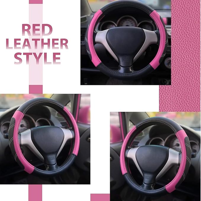 Car Steering Wheel Cover, 15 Inch Leather Breathable Auto Wheel Protection Cover with Non-Slip Lining, Padded Soft Grip Vehicle Steering Protector, Universal Fit (Black/Pink)