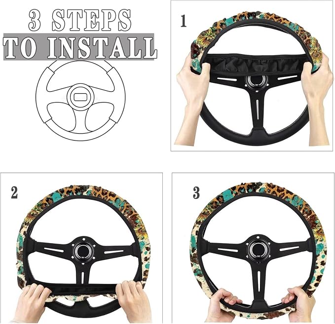 AFPANQZ Universal Steering Wheel Cover with Elastic Edge for Women 14-15 in | Leopard Print Sunflower, Breathable Steering Wheel Protector for Cars Interior Accessories