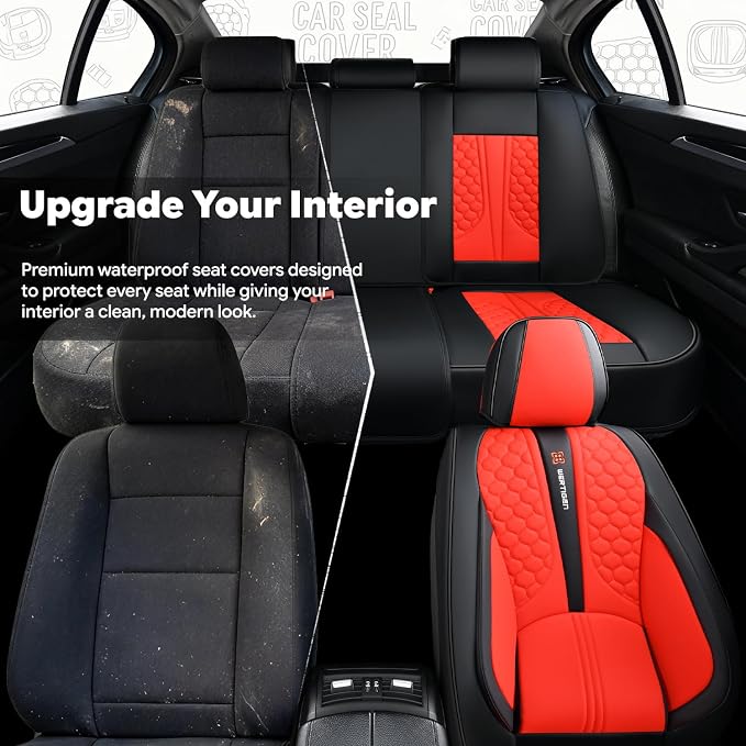 Red Car Seat Covers Full Set Luxury Waterproof | Leather Auto Seat Protector with Airbag Compatible Design, Breathable Non-Slip Cushion, Easy Installation, Fits Most Cars