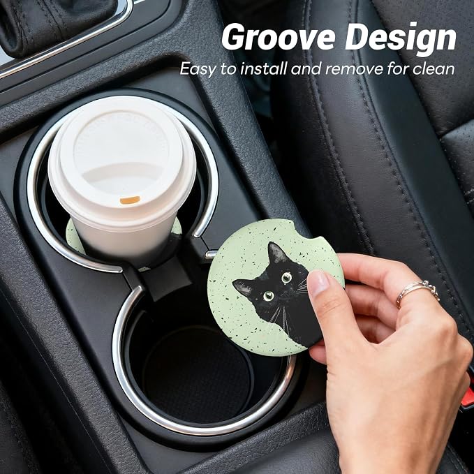 Car Cup Holder Ceramic Coasters 2 Pack, 2.56 in Anti Slip Absorbent Coaster with Cork Base and Finger Notch, Funny Cute Car Accessories Interior for Women, Terrazzo Cat