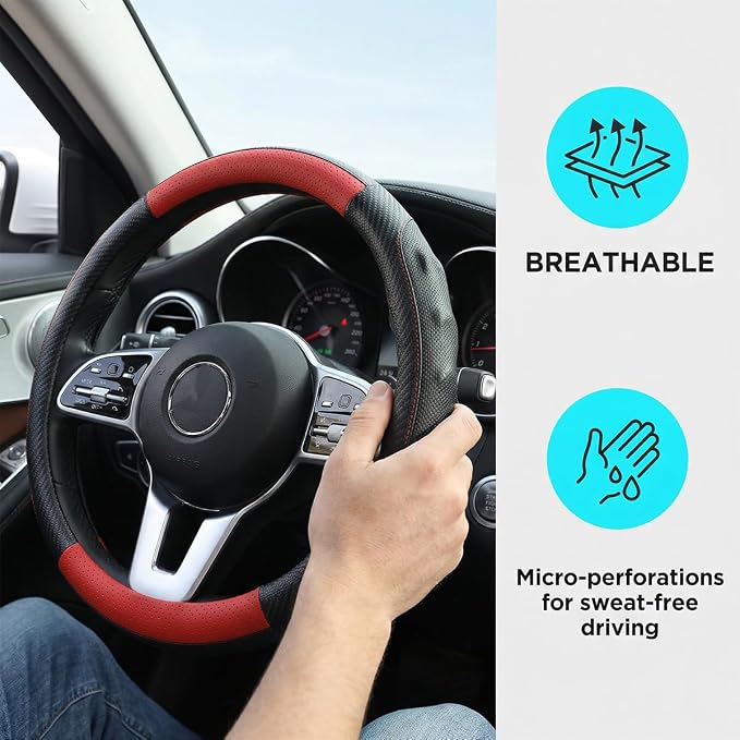 Car Steering Wheel Cover, Breathable Carbon Fiber Vehicle Steering Wheel Protector with Anti-Slip Lining, Automotive Interior Accessories, Universal for SUV RV Truck (Black Red)