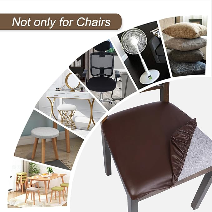 SearchI Waterproof PU Leather Seat Covers for Dining Chairs, 2 Pack Stretch Dining Room Chair Seat Covers, Kitchen Chair Seat Covers Protectors (Brown)