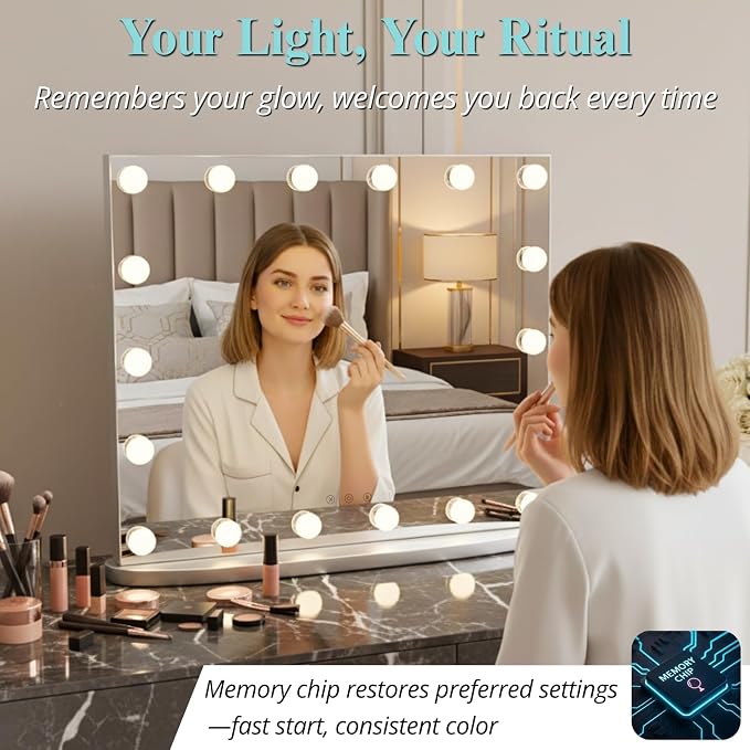 LUXFURNI Vanity Mirror with Lights, 23.6" Hollywood Makeup Mirror Silver | 18 Surround LED Bulbs, 360° Shadow-Free Lighting, 3 Color Modes, USB Charging, Tabletop & Wall Mount for Bedroom Dorm Desk