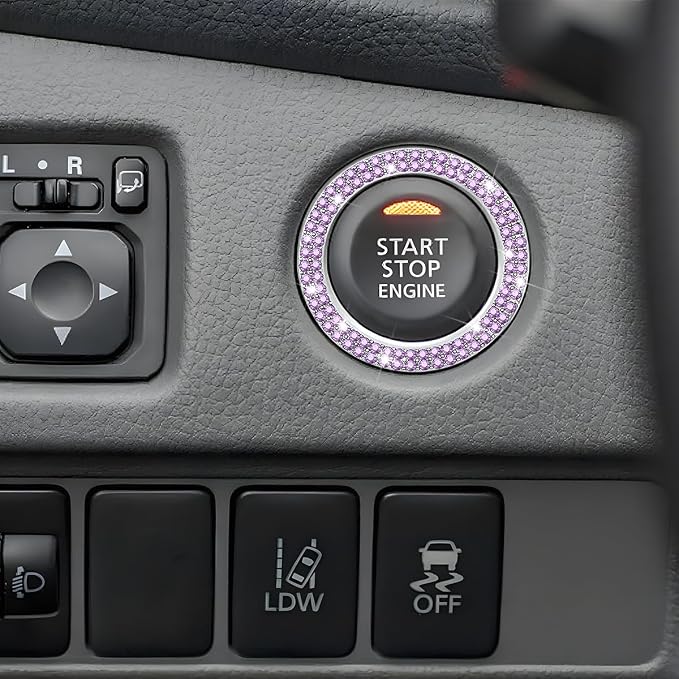 Bling Car Engine Start Ring Decals, 2PCS Sparkling Crystal Rhinestone Vehicle Push to Start Button Sticker, Diamond Auto Key Ignition Knob Decorative Ring, Universal for Vehicles (Light Purple)