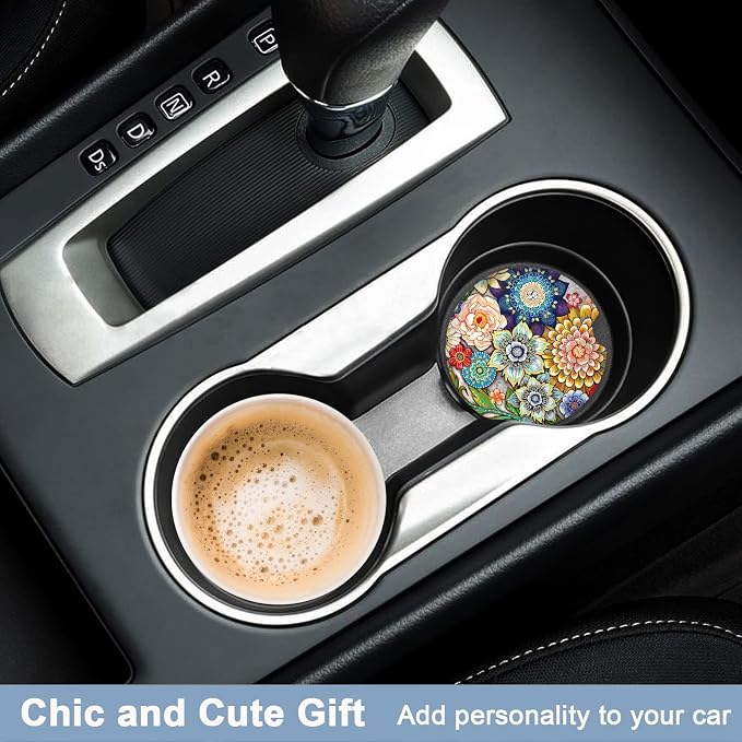 Nipichsha Car Coasters for Cup Holders, 2 Pack Absorbent Ceramic Car Cup Holder Coaster for Drinks, Cute Auto Assecories for Women Men, Size 2.56 in with Finger Notch & Cork Base, Colorful Mandala