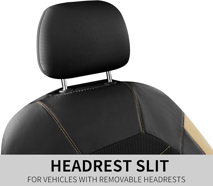 HChengkikz Front Car Seat Cover, Breathable and Sporty (Black + Beige) | Leather, Universal Fit for Most SUVs, Cars, Sedans, Trucks, Airbag Compatible, Easy to Install
