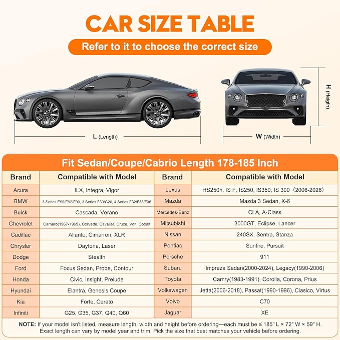 All-Weather Waterproof Multi-Layer Heavy-Duty Cover – Fits 178-185" Sedans: Civic, Corolla, Jetta, Forte, Sentra, Elantra, Prius & More.