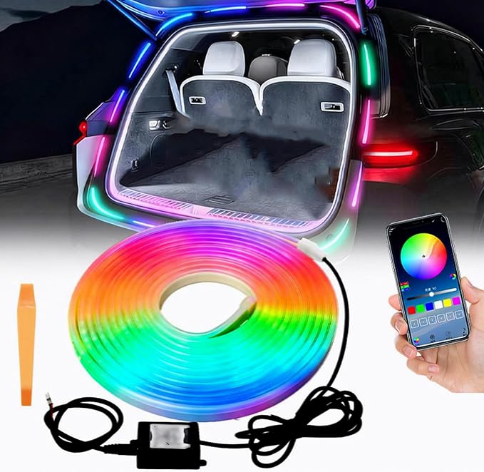 Dynamic Flowing Car Trunk Light Strip 4M/13.12ft RGB Neon Trunk led Light | Waterproof 12V Auto On/Off Cuttable Trunk LED Light Strip Flexible Silicone Ambient Lighting