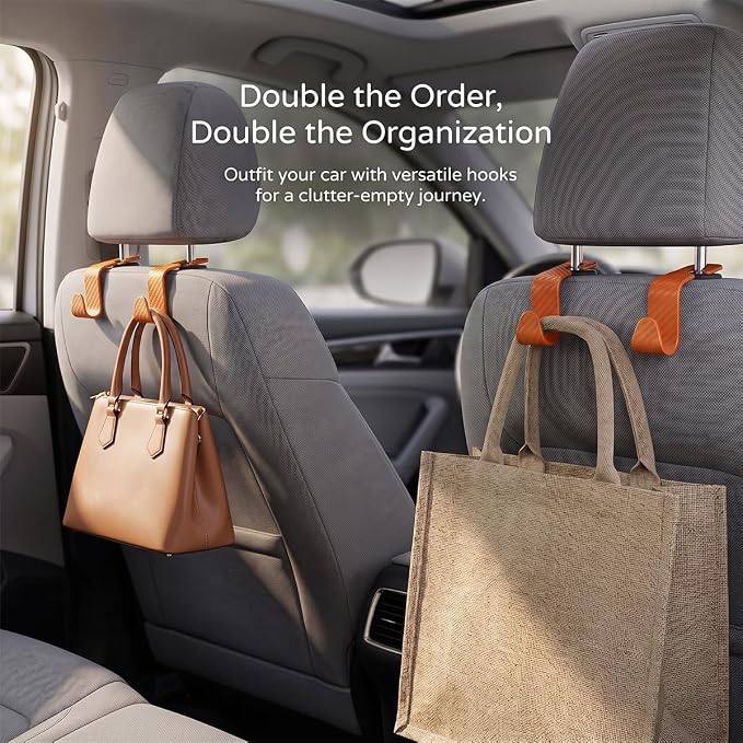 4PCS Car Seat Headrest Hooks, Auto Back Seat Hanger Holder, Durable Stylish Vehicle Organizer Universal Car Interior Accessories, Storage Hooks for Purses, Bags, Clothes (Carbon Fiber/Orange)