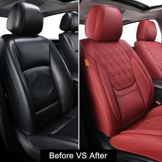 Car Seat Covers Full Set, Breathable Leather Automotive Front and Rear Seat Covers, Car Seat Protectors Full Set,Universal Automotive Vehicle Seat Cover for Most Sedan SUV Pick-up Trucks, Wine Red
