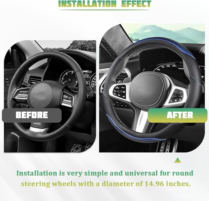 Car Steering Wheel Cover, Carbon Fiber Breathable Vehicle Steering Wheel Cover Wrap with Anti-Slip Lining, Automotive Interior Decorative Accessories, Universal for SUV RV Truck (Blue)