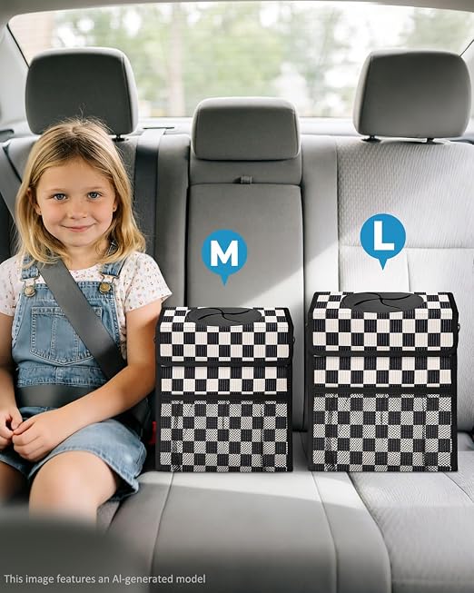 Corduroy Car Trash Can with Lid and Mesh Pockets - Leakproof Organizer,Multipurpose Waterproof Garbage Can/Trash Bin for Car(Black and White Check-2 Gallons)
