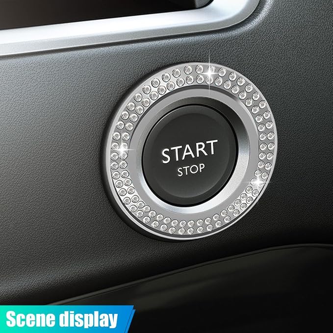 Car Bling Crystal Rhinestone Engine Start Decoration Ring, Ring Start Button Cover Sticker Key Ignition & Knob Ring Decoration, Bling Car Interior Accessories for Women (White)