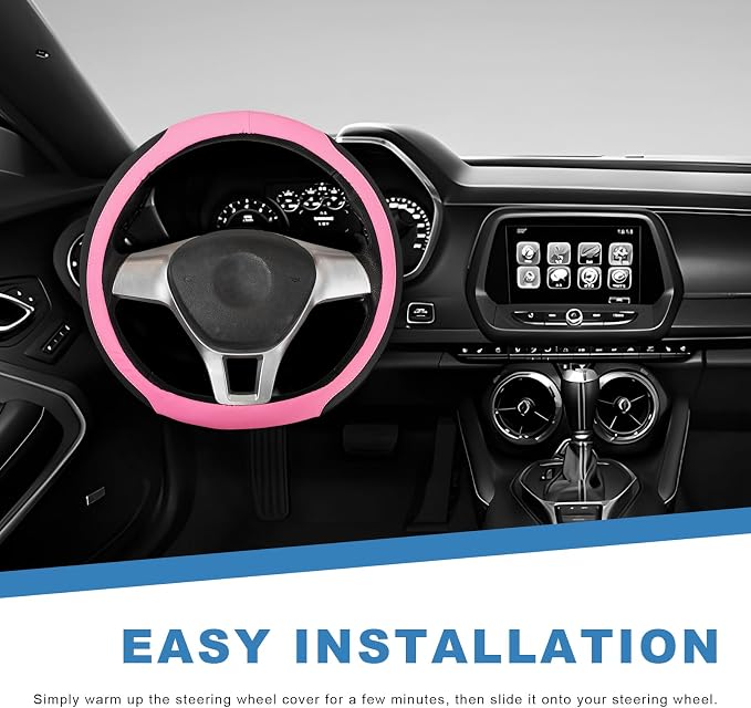 Sun Walker Steering Wheel Cover, Breathable Leather Steering Wheel Covers with Perforated Sides, Anti-Slip Comfortable Grip Auto Sleeve for 14.5-15 Inch Wheels, Car Accessories (Pink)