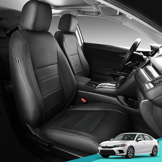 Seat Covers for Honda Civic Sedan 4DR Sedan EX 2022-2024 & Sport, Hybrid Sport 2025-2026, Faux Leather Car Seats Cover Full Set Waterproof, Black (60/40 Split Seatback-with Rear Armrest)