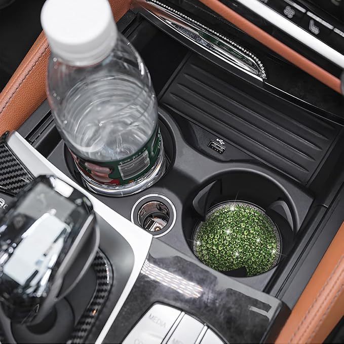 Bling Car Cup Holder Coaster, 2PCS 2.75 Inch Crystal Rhinestone Anti Slip Vehicle Drink Cup Mat for Women Girls, Auto Interior Embedded in Ornaments. Universal for SUV RV Truck (Green)
