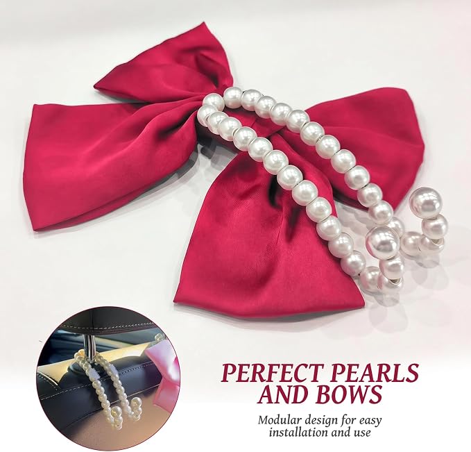 2 PCS Bow Pearl Car Seat Headrest Hook β Cute Purse Hook for Car, Girly Interior Decoration Accessories Hook Hanger, Seatback Holder for Purses & Bags, Elegant Car Organizer (Berry Fuchsia)