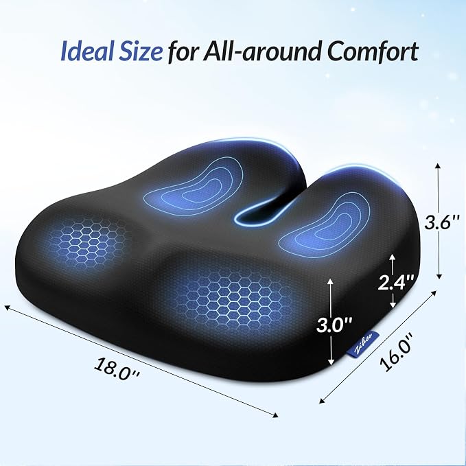 ZIKEE Ergonomic Seat Cushion with Thigh Slope for Long Sitting Comfort | Memory Foam Office Chair Cushion for Car, Home, U-Shaped Design Relieves Hip, Tailbone Pain, Sciatica Pain Relief, Non-Slip