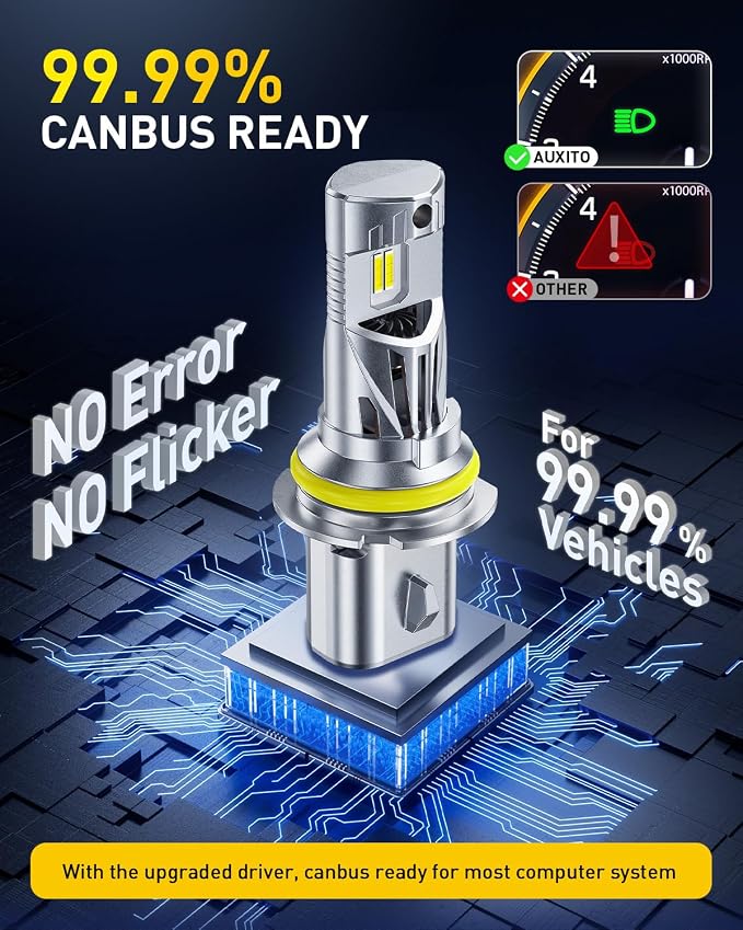 AUXITO Latest 9007 Bulbs, 50000LM 1000% Brightness 6500K Cool White, Direct Replacement 9007/HB5 Light Bulbs with Cooling Fan, Plug and Play CANbus Ready No Flicker, Pack of 2