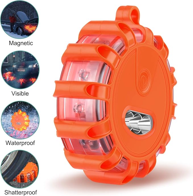 Meliya USB Rechargeable LED Road Flares Emergency Lights with Magnetic Base, 9 Strobe Options Roadside Emergency Warning Car Safety Beacon Flashing Disc Flare Kit for Vehicles & Boat