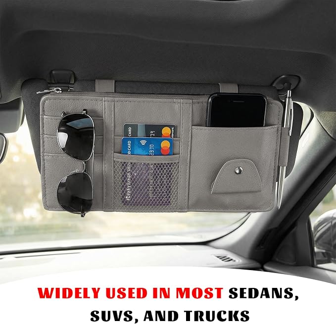Car Sun Visor Organizer, Multifunctional Auto Visor Storage Bag with Net Pocket & Eyeglass Clamp, Waterproof Multi-Pocket Storage Pouch Ticket Organizer for Car Sun Visors (Gray)