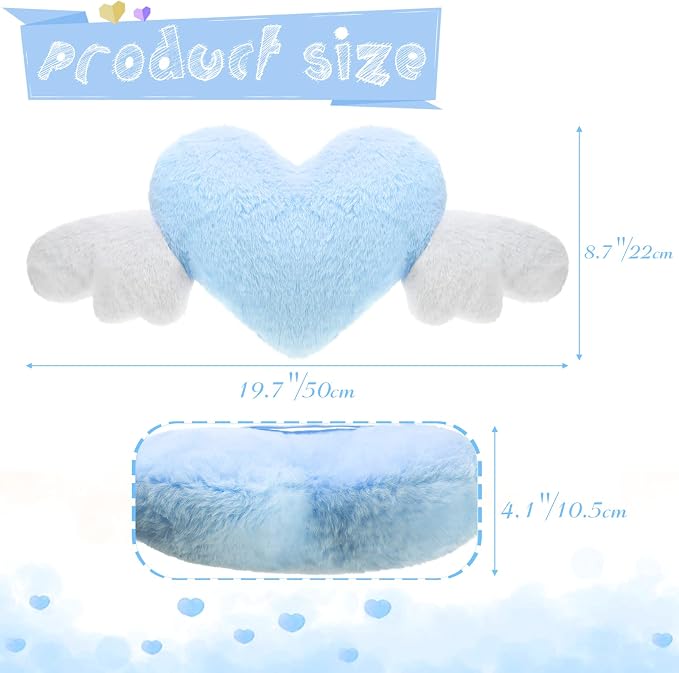 Macarrie 2 Pcs Plush Heart Shaped Pillow with Angel Wings Car Headrest Soft Comfortable Seat Pillow for Driving Travelling Room Office Car Decor, 19.7 x 8.3 Inch(Light Blue)