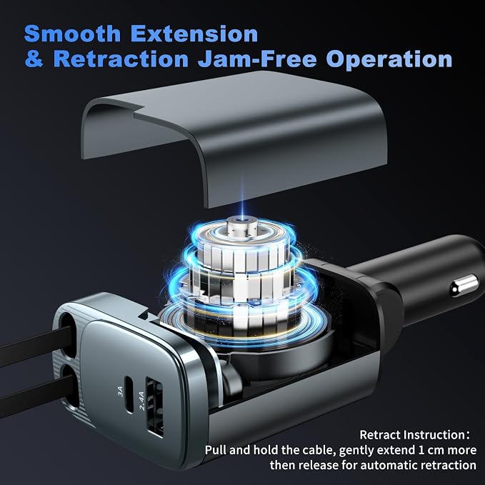 2 Pack 84W Retractable Car Charger, 4-in-1 USB C Fast Charging Adapter | Cigarette Lighter USB Charger Adapter, Fast charge for iPhone 17-11 & Samsung, Ideal Car Accessories & Gifts for Men Women