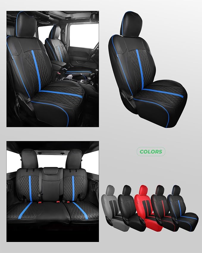 for Jeep Wrangler Seat Covers 4Door JL 2018 2019 2020 2021 2022 2023 2024 2025 2026, Custom Car Seat Cover Full Set, Luxury Waterproof Leather Protectors, Black Blue Trim, W/O Rear Cup Holder