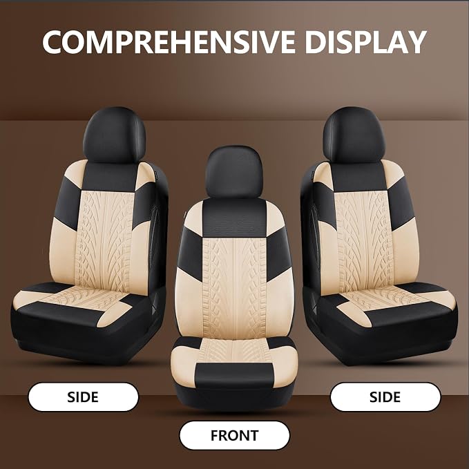 HChengkikz Front Car Seat Cover, Cloth and Washable (Black + Beige) | Breathable, Airbag compatible, Easy to Install, Universal Fit for Most Cars, Sedans, Truck, SUVs
