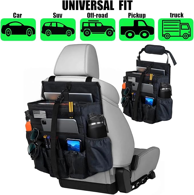 Front & Seat back organizer with dedicated tablet and 15.6 IN laptop storage stabilizers external stabilizing side straps soft adjustable shoulder straps hardened buckle (Black)